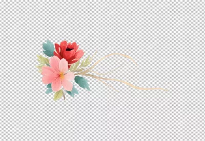 Exquisite watercolor illustration with a charming bouquet of red and pink flowers and delicate green foliage image