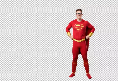 Confident Man in Red Superhero Suit with Iconic Emblem and Glasses image
