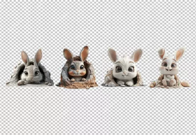 Adorable Cartoon Bunnies Peeking from Earthy Burrows and Rocks image