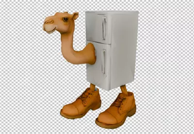 Surreal Camel Refrigerator Figure with Work Boots on Black Background image