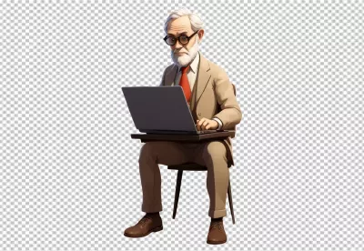 Distinguished Senior Gentleman in Beige Suit Focused on Laptop Work image