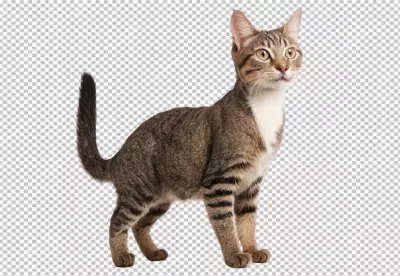 Adorable Tabby Cat Standing Alertly with Upward Gaze on White Background image