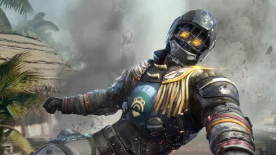Cybernetic Warrior in Tribal Armor with Glowing Visor in Jungle Battle image