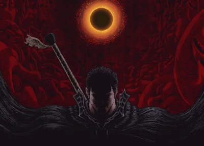 Guts, the Black Swordsman, stands before the terrifying Eclipse in a dark fantasy landscape image