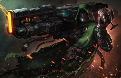 Doctor Doom Character Firing Sci-Fi Energy Cannon with Glowing Eyes image