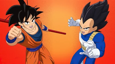 Iconic Anime Rivals Goku and Vegeta in Dynamic Stance on Gradient Background image
