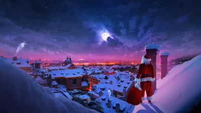 Santa Claus on Snowy Rooftop Overlooking European City at Magical Christmas Night image