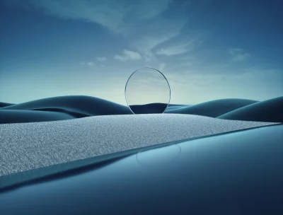 Minimalist Blue Landscape with Reflective Glass Ring Under Clear Sky image
