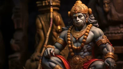 Detailed Idol of Lord Hanuman Adorned with Golden Crown and Ornaments, Symbolizing Strength and Devotion image