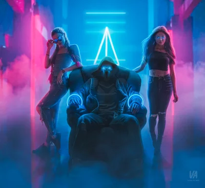 Cyberpunk Crew with Glowing Eyes in Neon Urban Landscape image