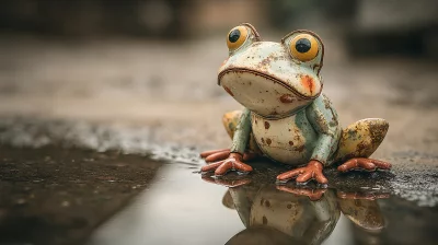 Rusty Metal Frog Statue Reflecting in Puddle on Wet Ground