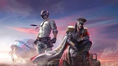Futuristic PUBG Mobile Characters: Helmeted Soldier Standing, Masked Commander Crouching image