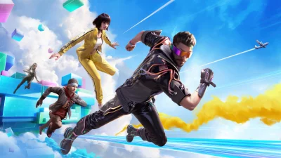 Dynamic Game Characters Leaping Through a Vibrant Digital Sky with Neon Trails image