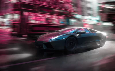 Dynamic Luxury Sports Car Speeding Through Neon Cityscape at Night image