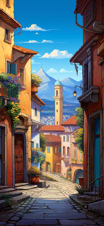 Charming European Street Scene with Tower and Mountains