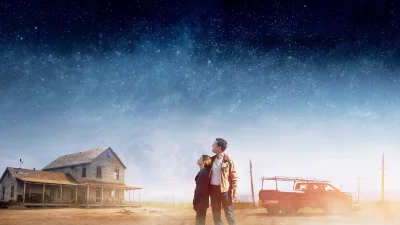 Couple Gazing at Starry Night Sky Above Desolate Farmhouse and Dusty Landscape image