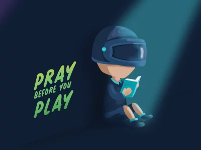 Stylized Character in Gaming Helmet Reading Book with Pray Before You Play Message image