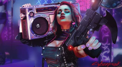 Vibrant Cyberpunk Woman with Boombox and Futuristic Gun in Neon City image