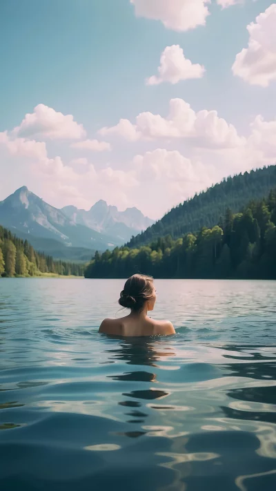 Woman bathing in serene mountain lake surrounded by lush forest and majestic peaks