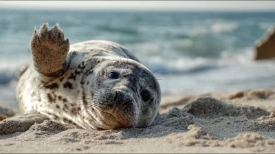 Adorable Grey Seal Pup Waving Flipper on a Sunny Sandy Beach by Ocean
