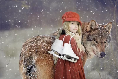 Young Girl with Wolf and Ice Skates in Snowy Forest image