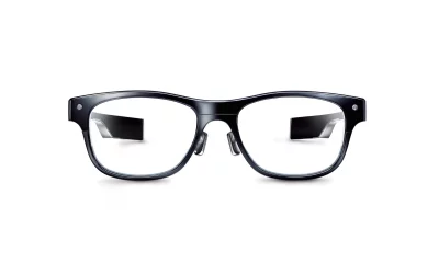 Sleek Black Smart Glasses with Integrated Digital Displays on White Background image