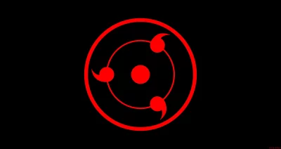 Mystical Red Circular Eye Symbol with Three Tomoe Shapes on Black Background image
