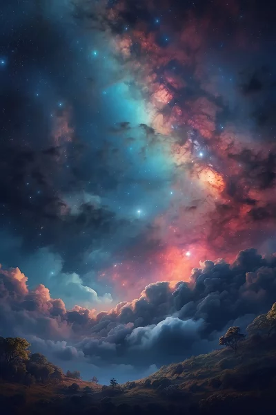 Surreal Cosmic Landscape with Starry Sky and Nebula Clouds Over Hills