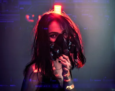 Intense Cyberpunk Woman in Gas Mask with Neon Glow and Digital Overlay image