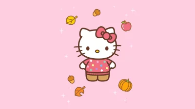 Cute Hello Kitty Character in Autumn Sweater with Falling Leaves and Harvest Symbols image