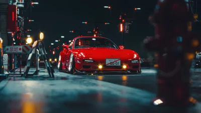 Sleek Red JDM Sports Car Illuminated on a Dark Tokyo City Street image