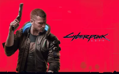 Cyberpunk 2077 V Character with Cybernetic Arm Holding Pistol, Red Background image