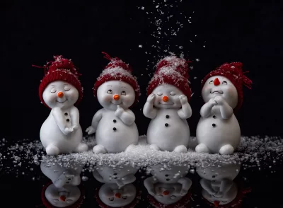 Four Whimsical Snowman Figurines in Red Hats Under Falling Snow, Reflecting Festive Holiday Cheer image
