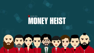 Flat Design Money Heist Characters Illustration with Netflix Branding and Red Jumpsuits image