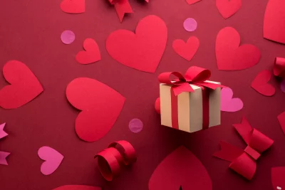 Romantic Valentine's Day Gift Box with Red Paper Hearts on Festive Background image