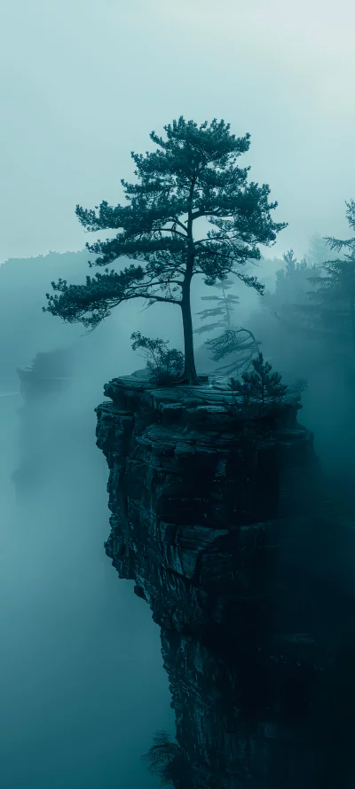 Mysterious Lone Tree on Rocky Cliff Face Engulfed in Ethereal Mist image
