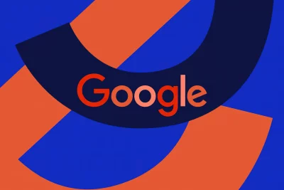 Dynamic Google Wordmark Amidst Bold Blue and Orange Abstract Geometric Shapes image
