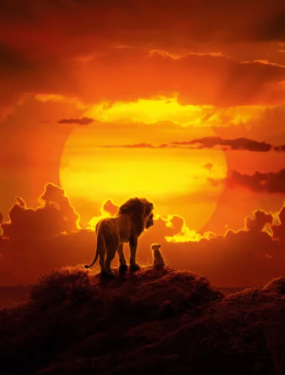 Majestic Lion and Cub Silhouetted Against a Fiery African Sunset Landscape image