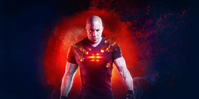 Intense Bald Man with Glowing Energy and Fiery Aura on Dark Background image