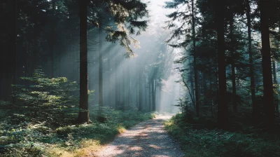 Sunlight Filtering Through Misty Forest Trees, Illuminating a Serene Woodland Path