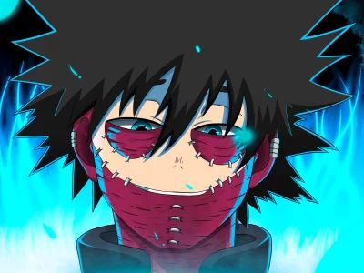 Intense Dabi from My Hero Academia Anime with Glowing Blue Flames and Scarred Face Digital Art image
