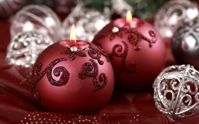 Elegant Red Christmas Candles and Sparkling Ornaments Festive Holiday Decor image