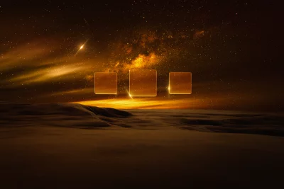 Golden Cosmos Horizon with Luminous Abstract Portals in Desert Landscape image