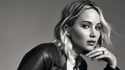 Elegant Jennifer Lawrence Monochrome Studio Portrait in Stylish Leather Jacket image