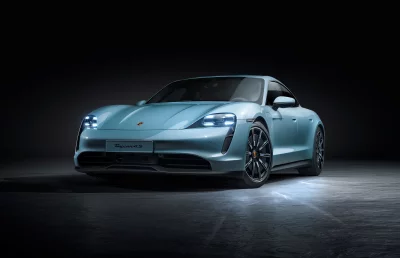 Light Blue Porsche Taycan 4S Electric Car Studio Shot Modern Design image