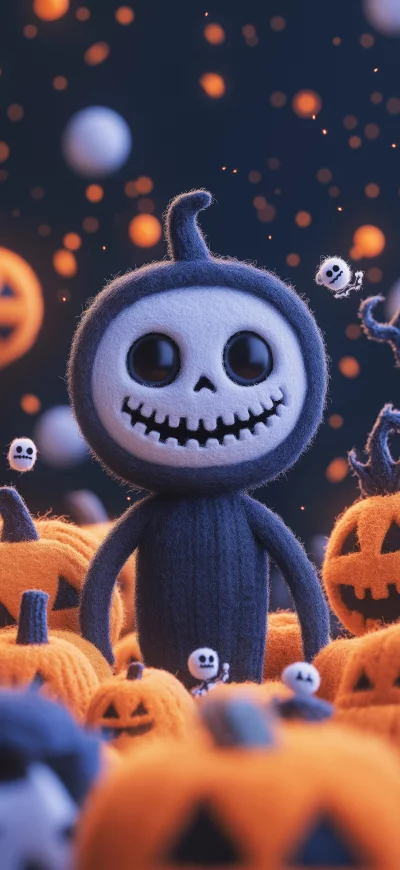 Cute spooky character surrounded by Halloween pumpkins and small ghosts