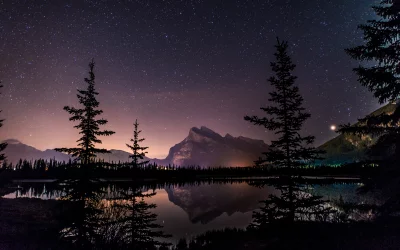 Starry Night Sky Over Serene Mountains Reflected in Tranquil Lake with Forest Silhouettes image