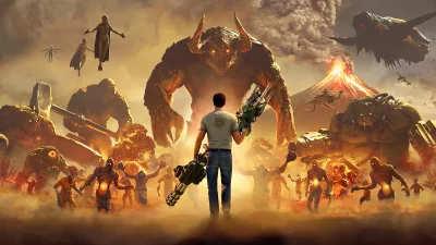 Male Hero Confronts Demonic Horde in Apocalyptic Volcanic Landscape Battle image