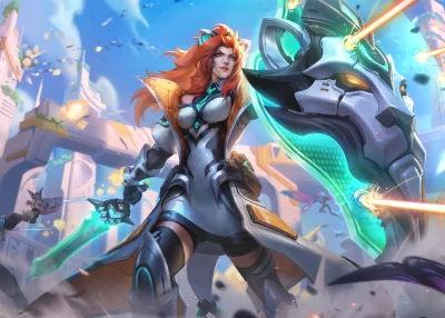 Vibrant Cyberpunk Warrior Woman in Glowing Armor with Sword and Shield image
