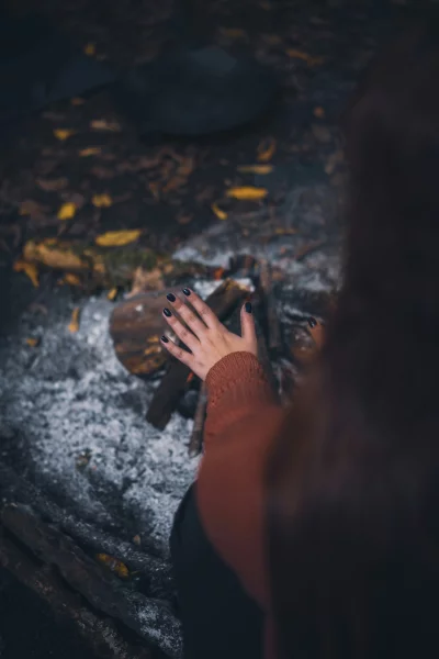 Cozy Hands Warming by a Small Campfire in an Autumn Forest